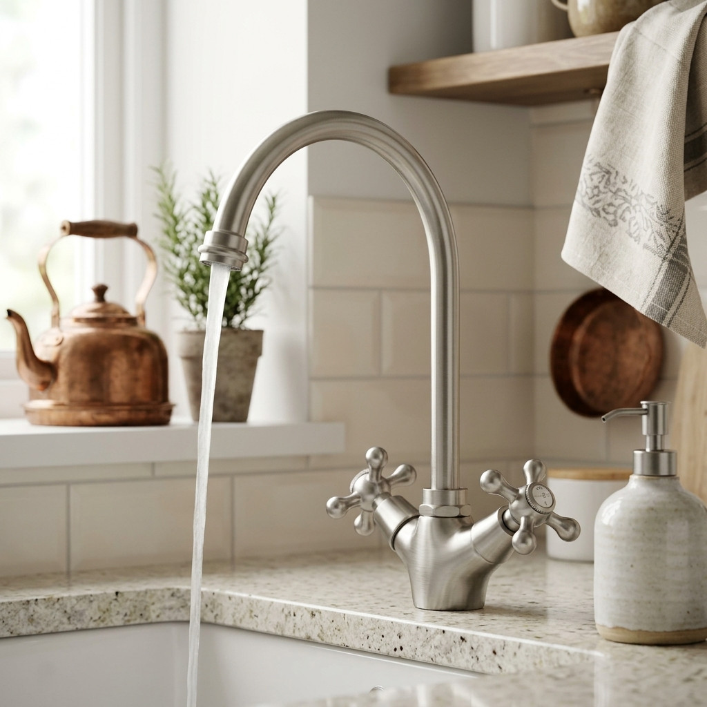 Aquanello Heritage Ascot Носталгичен кухненски кран с вид на неръждаема стомана с две дръжки и кръгла изливка NB-4003-HA